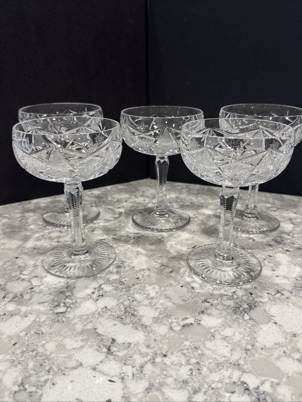 Vintage Hand Cut Crystal Champagne Coupes Set of 5 Star Diamond Faceted Stem EUC